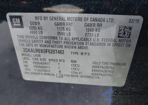 2015 GMC Terrain Sle-2 z USA, uszkodzony, nr VIN 2GKALREK9F6287482